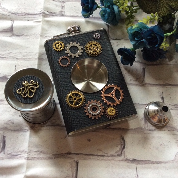 🌸 STEAMPUNK FLASK GEARS SHOT GLASS SET VINTAGE CUSTOM CUP MUG COOL GIFT SPECIAL - Picture 8 of 8